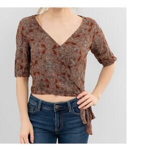 Sky and Sparrow M Top Wrap Tie Waist V Neck Dark Red Blue